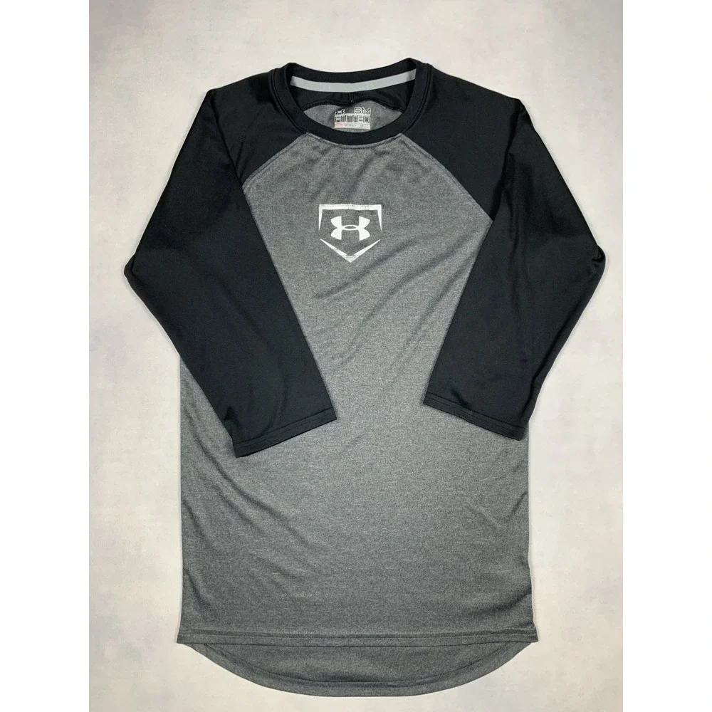 Under Armour Shirt Mens S Gray‎ Black HeatGear Fitted 3/4 Sleeve Baseball